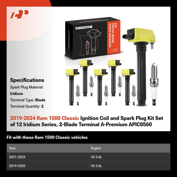 2019-2024 Ram 1500 Classic Ignition Coil and Spark Plug Kit Set of 12 Iridium Series, 2-Blade Terminal A-Premium APIC0560