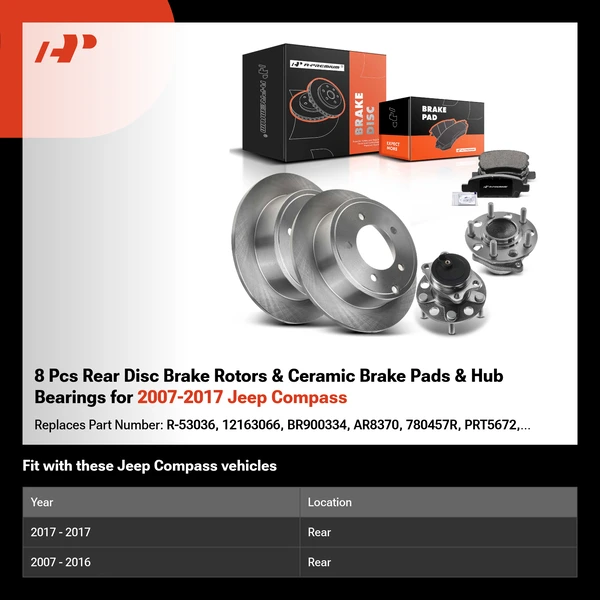8 Pcs Rear Disc Brake Rotors & Ceramic Brake Pads & Hub Bearings for 2007-2017 Jeep Compass