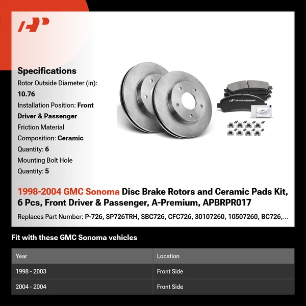 1998-2004 GMC Sonoma Disc Brake Rotors and Ceramic Pads Kit, 6 Pcs, Front Driver & Passenger, A-Premium, APBRPR017