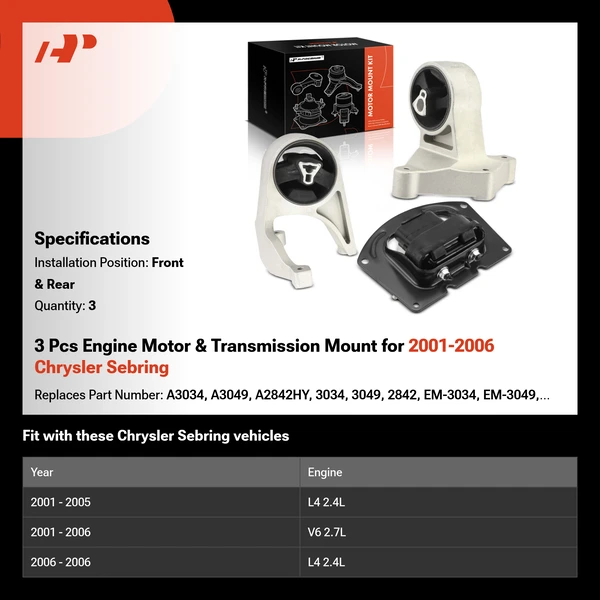 3 Pcs Engine Motor & Transmission Mount for 2001-2006 Chrysler Sebring