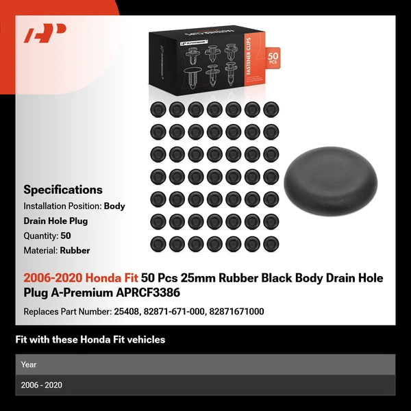 2006-2020 Honda Fit 50 Pcs 25mm Rubber Black Body Drain Hole Plug A-Premium APRCF3386