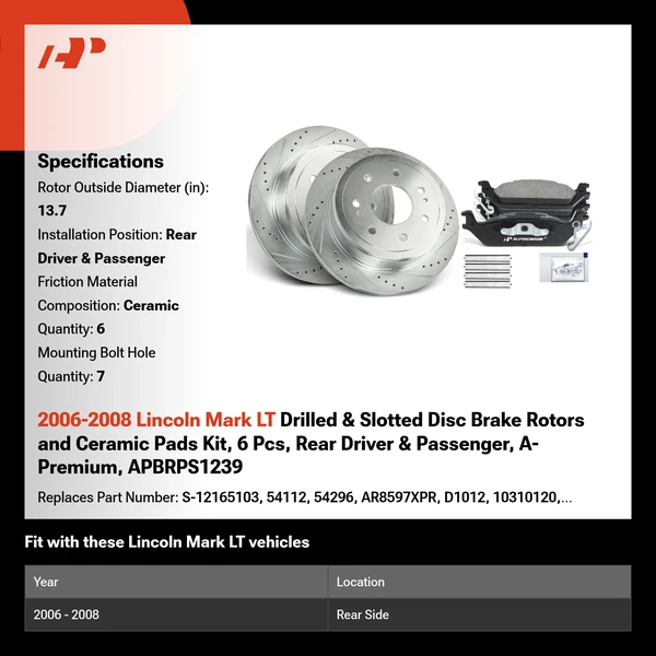 2006-2008 Lincoln Mark LT Drilled & Slotted Disc Brake Rotors and Ceramic Pads Kit, 6 Pcs, Rear Driver & Passenger, A-Premium, APBRPS1239