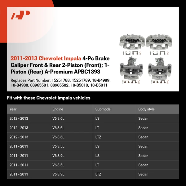2011-2013 Chevrolet Impala 4-Pc Brake Caliper Front & Rear 2-Piston (Front); 1-Piston (Rear) A-Premium APBC1393