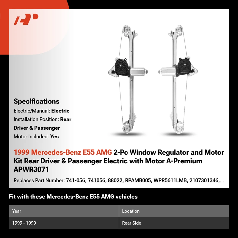 1999 Mercedes-Benz E55 AMG 2-Pc Window Regulator and Motor Kit Rear Driver & Passenger Electric with Motor A-Premium APWR3071