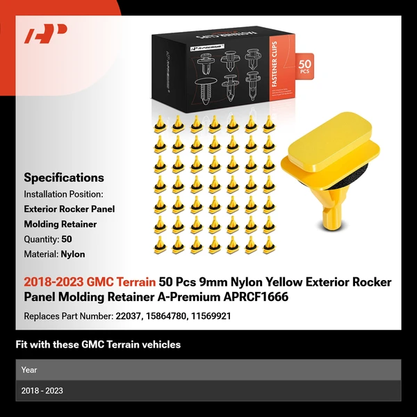 2018-2023 GMC Terrain 50 Pcs 9mm Nylon Yellow Exterior Rocker Panel Molding Retainer A-Premium APRCF1666