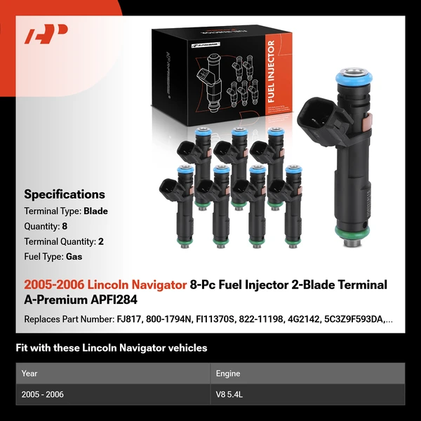 2005-2006 Lincoln Navigator 8-Pc Fuel Injector 2-Blade Terminal A-Premium APFI284