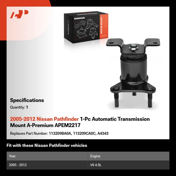 2005-2012 Nissan Pathfinder 1-Pc Automatic Transmission Mount A-Premium APEM2217