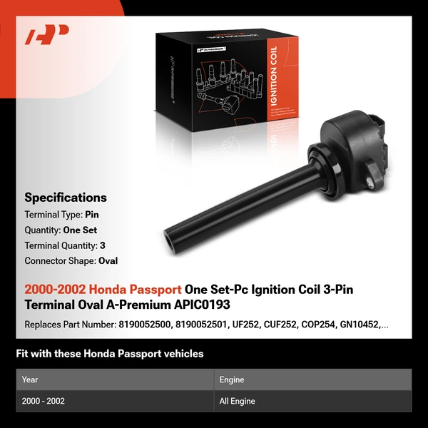 2000-2002 Honda Passport One Set-Pc Ignition Coil 3-Pin Terminal Oval A-Premium APIC0193