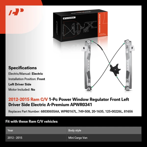2012-2015 Ram C/V 1-Pc Power Window Regulator Front Left Driver Side Electric A-Premium APWR0341