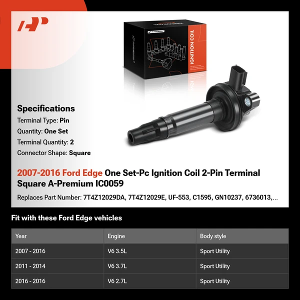 2007-2016 Ford Edge One Set-Pc Ignition Coil 2-Pin Terminal Square A-Premium IC0059