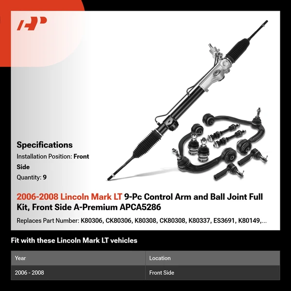 2006-2008 Lincoln Mark LT 9-Pc Control Arm and Ball Joint Full Kit, Front Side A-Premium APCA5286