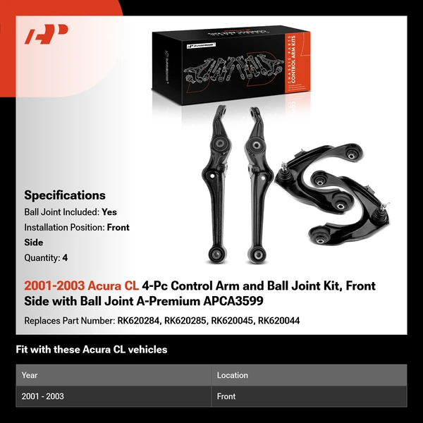 2001-2003 Acura CL 4-Pc Control Arm and Ball Joint Kit, Front Side with Ball Joint A-Premium APCA3599