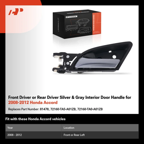 Front Driver or Rear Driver Silver & Gray Interior Door Handle for 2008-2012 Honda Accord