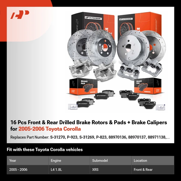 16 Pcs Front & Rear Drilled Brake Rotors & Pads + Brake Calipers for 2005-2006 Toyota Corolla
