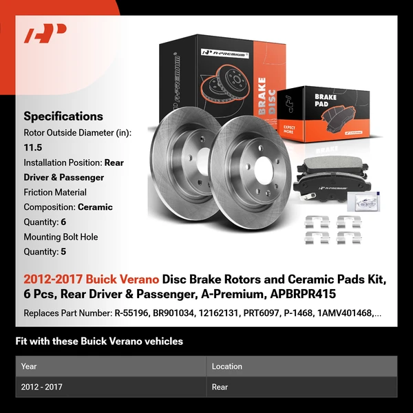 2012-2017 Buick Verano Disc Brake Rotors and Ceramic Pads Kit, 6 Pcs, Rear Driver & Passenger, A-Premium, APBRPR415