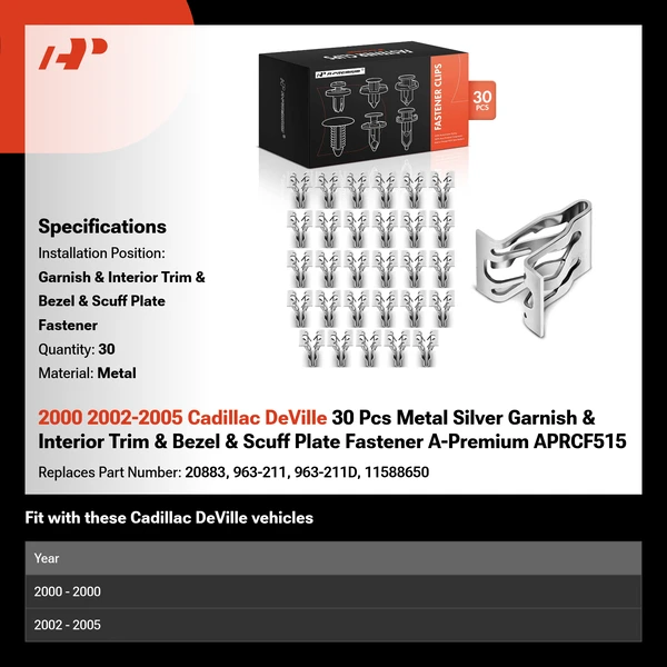 2000 2002-2005 Cadillac DeVille 30 Pcs Metal Silver Garnish & Interior Trim & Bezel & Scuff Plate Fastener A-Premium APRCF515