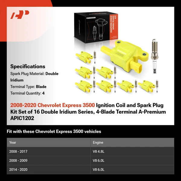 2008-2020 Chevrolet Express 3500 Ignition Coil and Spark Plug Kit Set of 16 Double Iridium Series, 4-Blade Terminal A-Premium APIC1202