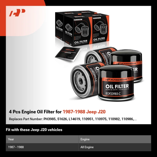 4 Pcs Engine Oil Filter for 1987-1988 Jeep J20