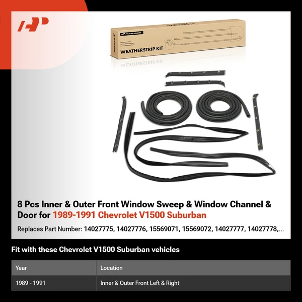 8 Pcs Inner & Outer Front Window Sweep & Window Channel & Door for 1989-1991 Chevrolet V1500 Suburban