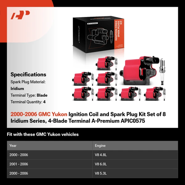 2000-2006 GMC Yukon Ignition Coil and Spark Plug Kit Set of 8 Iridium Series, 4-Blade Terminal A-Premium APIC0575