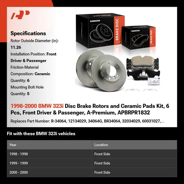 1998-2000 BMW 323i Disc Brake Rotors and Ceramic Pads Kit, 6 Pcs, Front Driver & Passenger, A-Premium, APBRPR1832