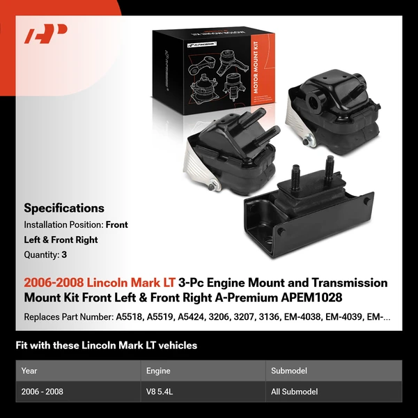 2006-2008 Lincoln Mark LT 3-Pc Engine Mount and Transmission Mount Kit Front Left & Front Right A-Premium APEM1028