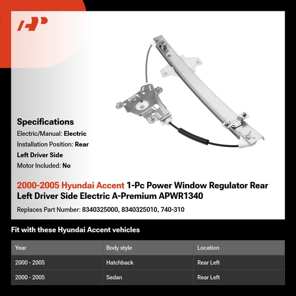 2000-2005 Hyundai Accent 1-Pc Power Window Regulator Rear Left Driver Side Electric A-Premium APWR1340