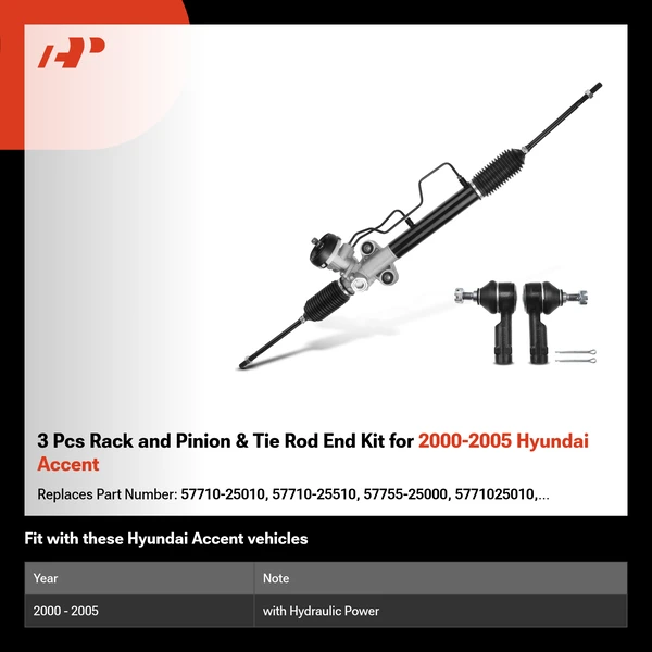 3 Pcs Rack and Pinion & Tie Rod End Kit for 2000-2005 Hyundai Accent
