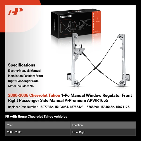 2000-2006 Chevrolet Tahoe 1-Pc Manual Window Regulator Front Right Passenger Side Manual A-Premium APWR1655