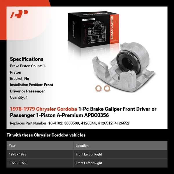 1978-1979 Chrysler Cordoba 1-Pc Brake Caliper Front Driver or Passenger 1-Piston A-Premium APBC0356