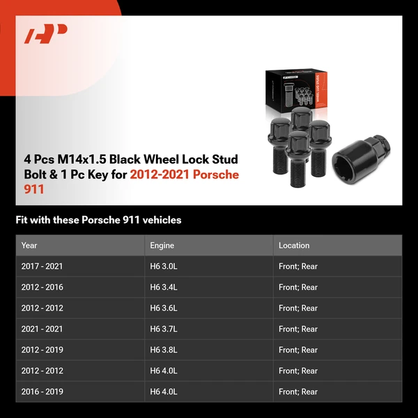 4 Pcs M14x1.5 Black Wheel Lock Stud Bolt & 1 Pc Key for 2012-2021 Porsche 911