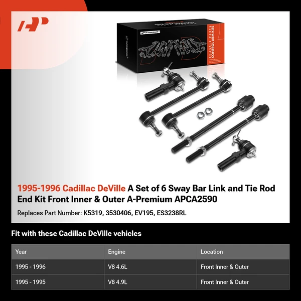 1995-1996 Cadillac DeVille A Set of 6 Sway Bar Link and Tie Rod End Kit Front Inner & Outer A-Premium APCA2590