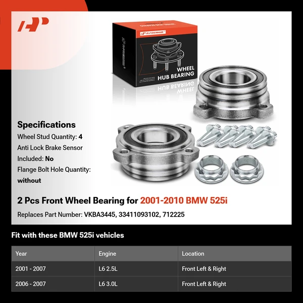 2 Pcs Front Wheel Bearing for 2001-2010 BMW 525i