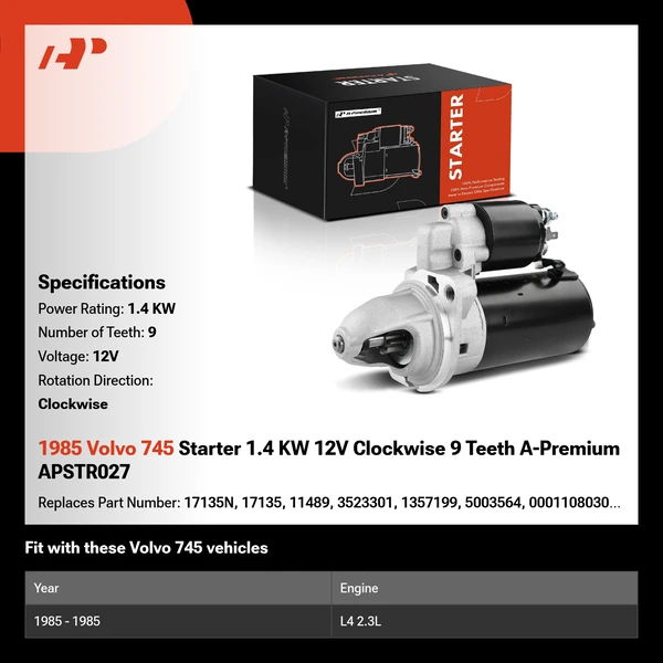 1985 Volvo 745 Starter 1.4 KW 12V Clockwise 9 Teeth A-Premium APSTR027
