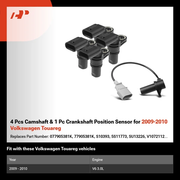 4 Pcs Camshaft & 1 Pc Crankshaft Position Sensor for 2009-2010 Volkswagen Touareg