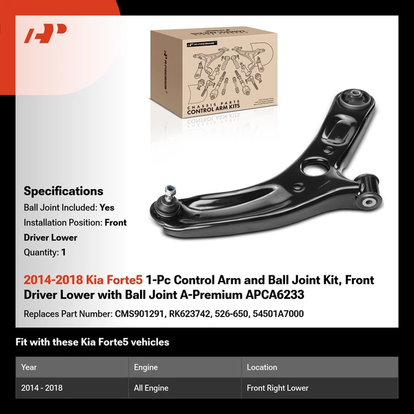 2014-2018 Kia Forte5 1-Pc Control Arm and Ball Joint Kit, Front Driver Lower with Ball Joint A-Premium APCA6233