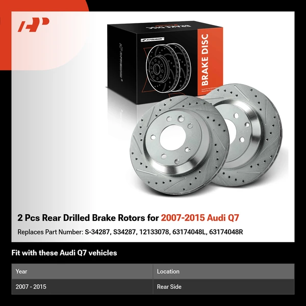 2 Pcs Rear Drilled Brake Rotors for 2007-2015 Audi Q7