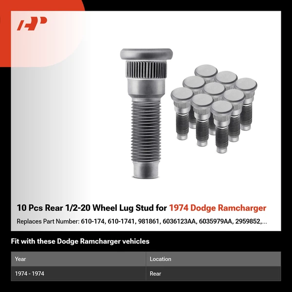 10 Pcs Rear 1/2-20 Wheel Lug Stud for 1974 Dodge Ramcharger