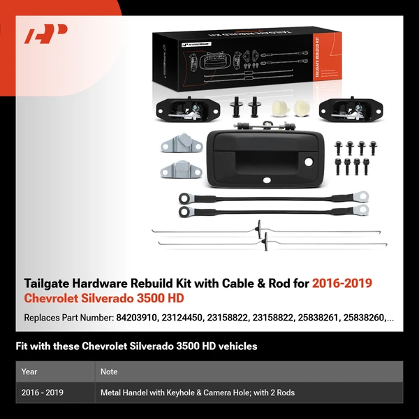 Tailgate Hardware Rebuild Kit with Cable & Rod for 2016-2019 Chevrolet Silverado 3500 HD