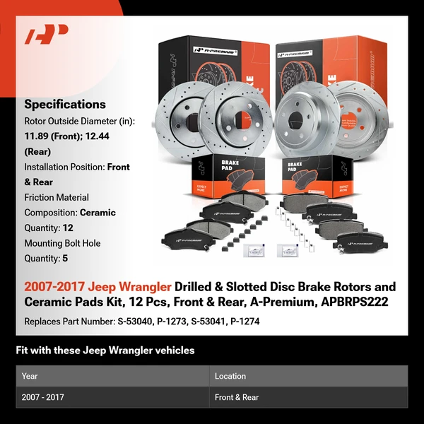 2007-2017 Jeep Wrangler Drilled & Slotted Disc Brake Rotors and Ceramic Pads Kit, 12 Pcs, Front & Rear, A-Premium, APBRPS222