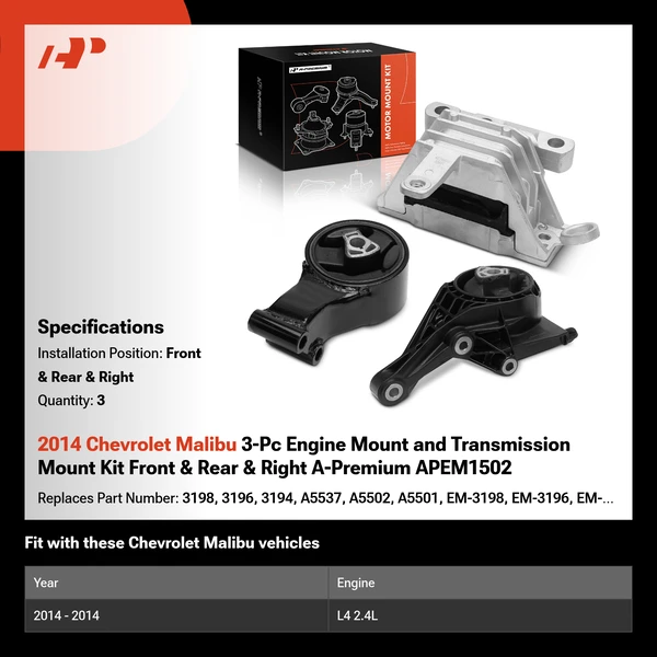 2014 Chevrolet Malibu 3-Pc Engine Mount and Transmission Mount Kit Front & Rear & Right A-Premium APEM1502