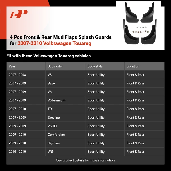 4 Pcs Front & Rear Mud Flaps Splash Guards for 2007-2010 Volkswagen Touareg