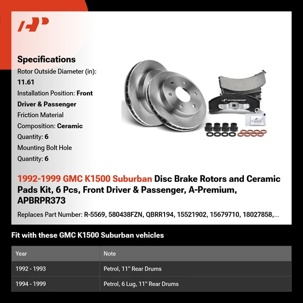 1992-1999 GMC K1500 Suburban Disc Brake Rotors and Ceramic Pads Kit, 6 Pcs, Front Driver & Passenger, A-Premium, APBRPR373