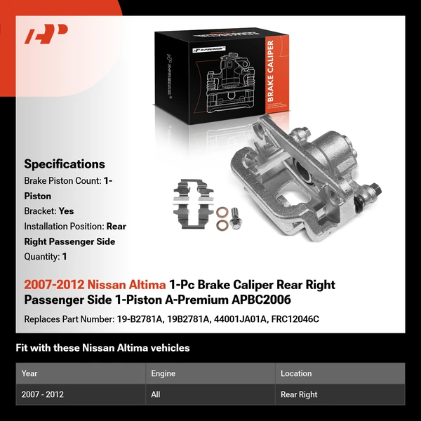 2007-2012 Nissan Altima 1-Pc Brake Caliper Rear Right Passenger Side 1-Piston A-Premium APBC2006