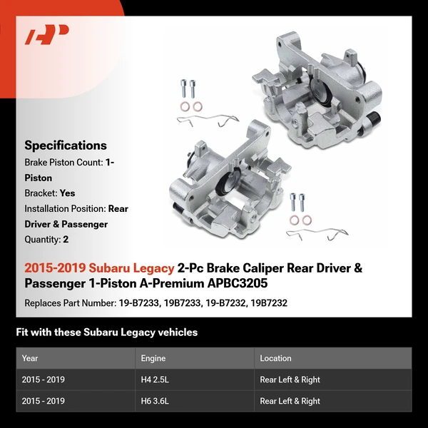 2015-2019 Subaru Legacy 2-Pc Brake Caliper Rear Driver & Passenger 1-Piston A-Premium APBC3205