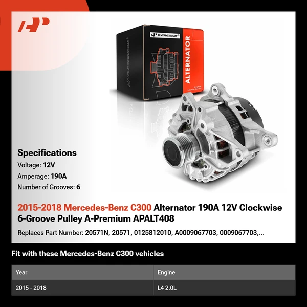 2015-2018 Mercedes-Benz C300 Alternator 190A 12V Clockwise 6-Groove Pulley A-Premium APALT408