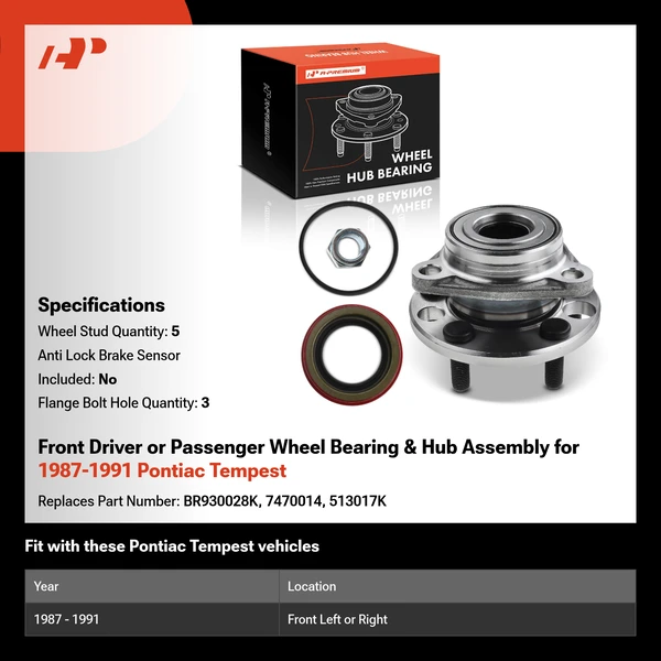 Front Driver or Passenger Wheel Bearing & Hub Assembly for 1987-1991 Pontiac Tempest