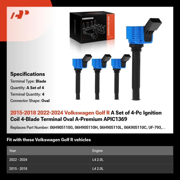 2015-2018 2022-2024 Volkswagen Golf R A Set of 4-Pc Ignition Coil 4-Blade Terminal Oval A-Premium APIC1369