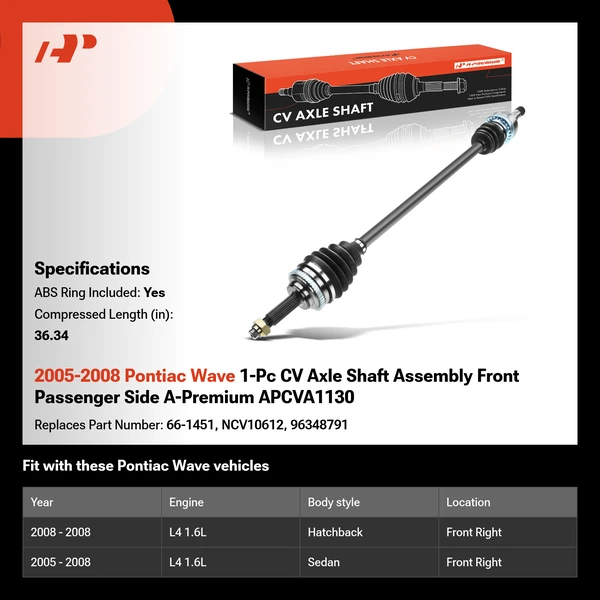 2005-2008 Pontiac Wave 1-Pc CV Axle Shaft Assembly Front Passenger Side A-Premium APCVA1130