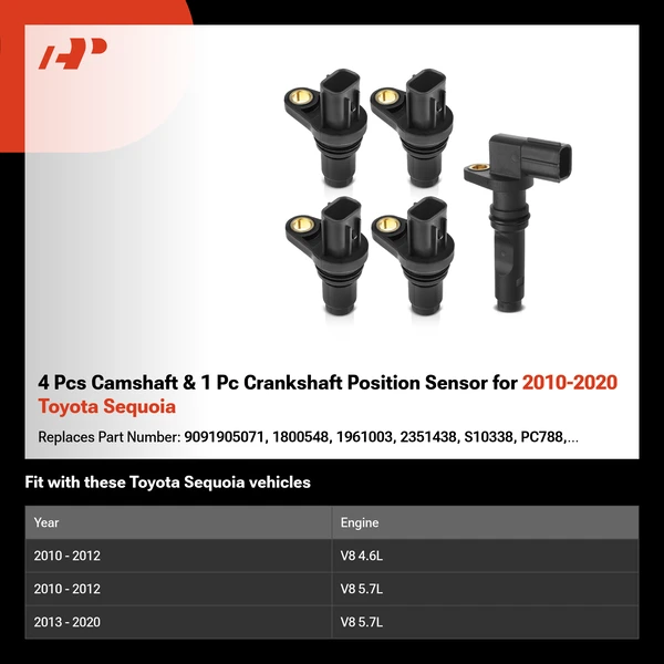 4 Pcs Camshaft & 1 Pc Crankshaft Position Sensor for 2010-2020 Toyota Sequoia